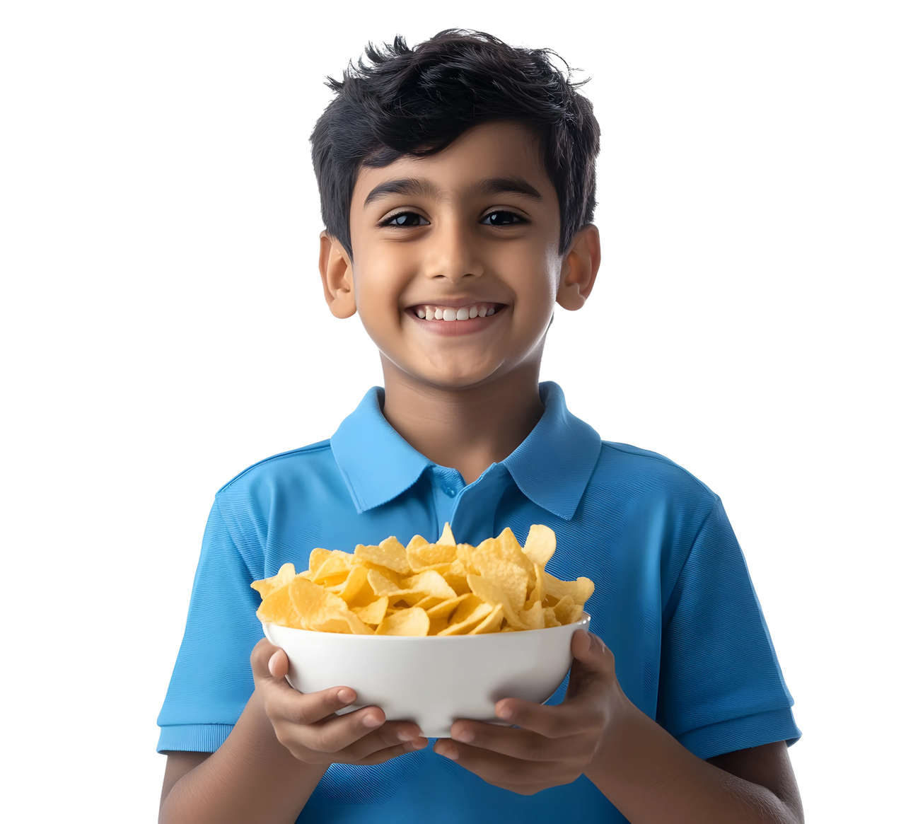 Boy holding bowl of chips